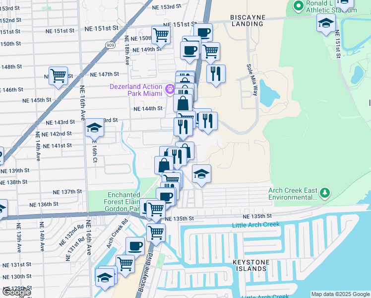 map of restaurants, bars, coffee shops, grocery stores, and more near 13965 Biscayne Boulevard in North Miami Beach