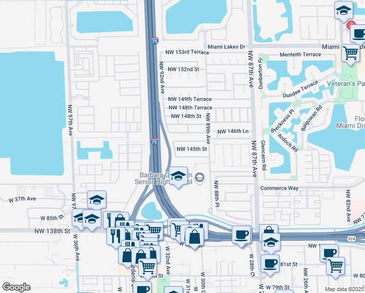 map of restaurants, bars, coffee shops, grocery stores, and more near 9134 Northwest 145th Street in Hialeah