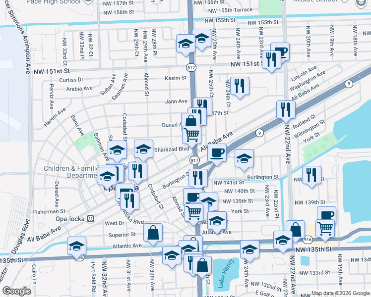 map of restaurants, bars, coffee shops, grocery stores, and more near 14380 Florida 817 in Opa-locka