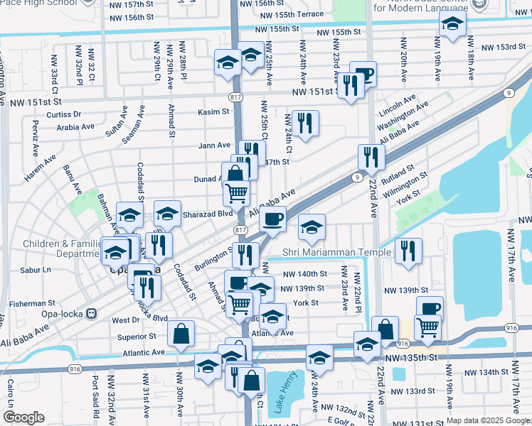 map of restaurants, bars, coffee shops, grocery stores, and more near 2596 Ali Baba Avenue in Opa-locka