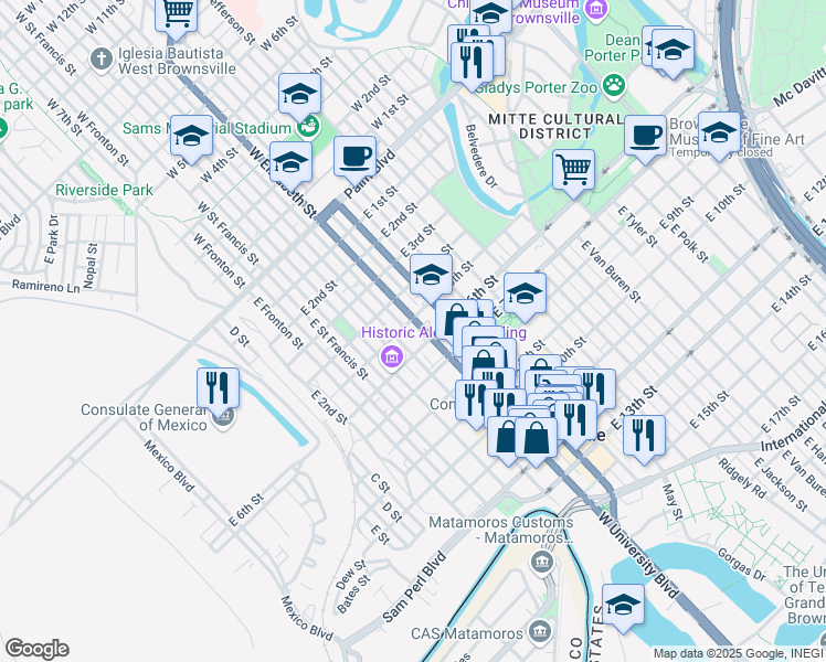 map of restaurants, bars, coffee shops, grocery stores, and more near 508 East Elizabeth Street in Brownsville