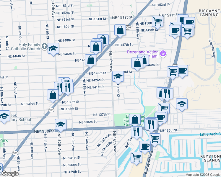 map of restaurants, bars, coffee shops, grocery stores, and more near 1585 Northeast 140th Street in North Miami