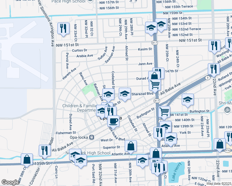 map of restaurants, bars, coffee shops, grocery stores, and more near 1051 Caliph Street in Opa-locka