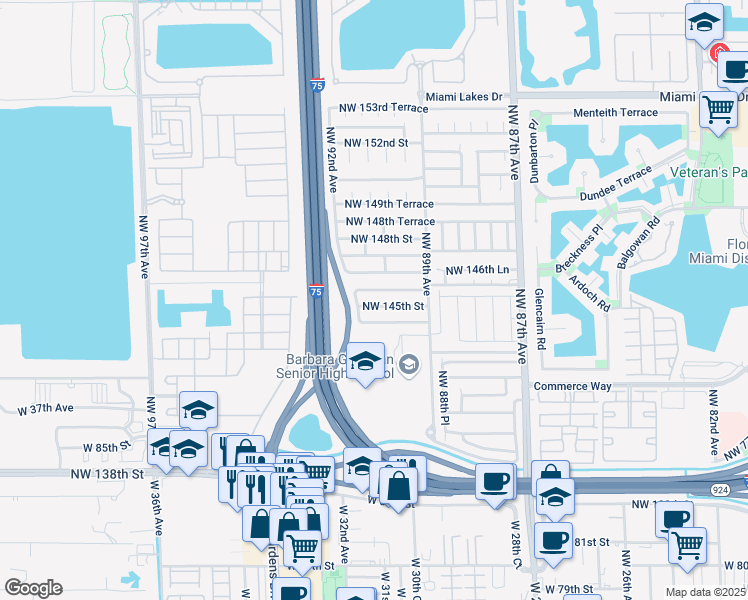 map of restaurants, bars, coffee shops, grocery stores, and more near 9134 Northwest 145th Street in Hialeah