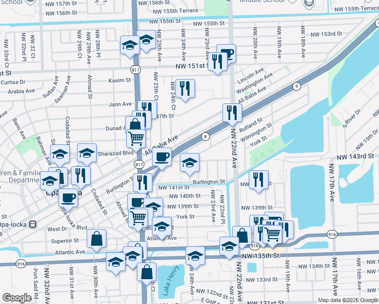 map of restaurants, bars, coffee shops, grocery stores, and more near 2397 Rutland Street in Opa-locka