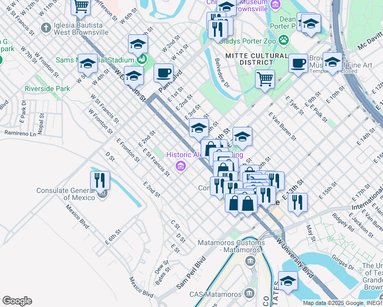 map of restaurants, bars, coffee shops, grocery stores, and more near 508 East Elizabeth Street in Brownsville