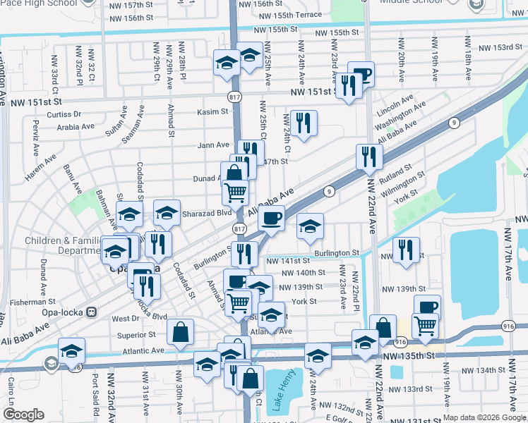 map of restaurants, bars, coffee shops, grocery stores, and more near 2596 Ali Baba Avenue in Opa-locka