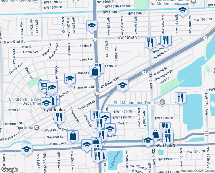 map of restaurants, bars, coffee shops, grocery stores, and more near 2596 Ali Baba Avenue in Opa-locka