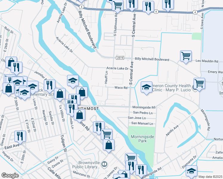map of restaurants, bars, coffee shops, grocery stores, and more near 974 South Central Avenue in Brownsville