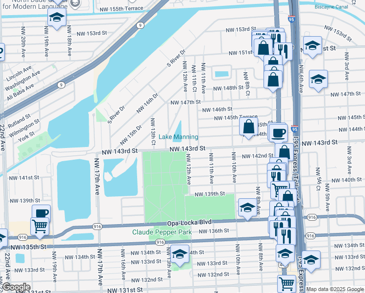 map of restaurants, bars, coffee shops, grocery stores, and more near 1231 Northwest 143rd Street in Miami