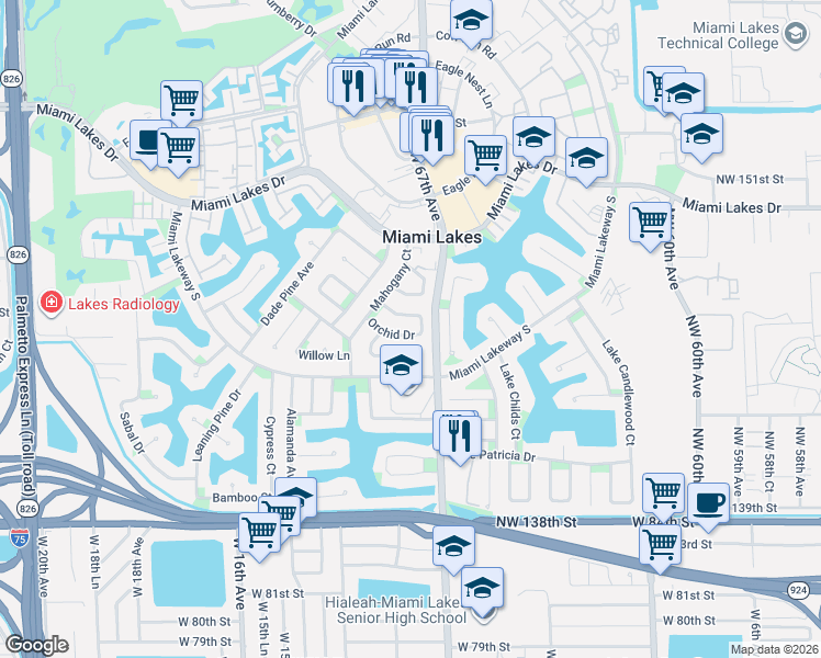 map of restaurants, bars, coffee shops, grocery stores, and more near 6735 Orchid Drive in Miami Lakes