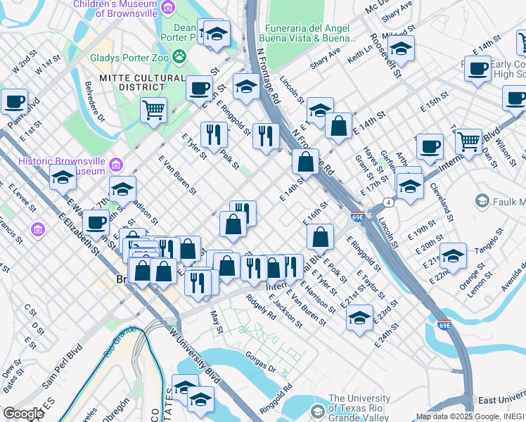 map of restaurants, bars, coffee shops, grocery stores, and more near 1317 E 14th St in Brownsville
