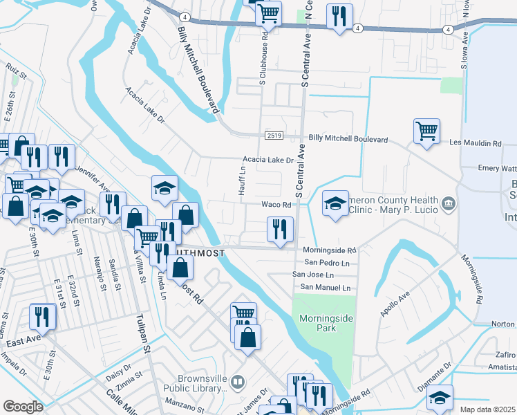 map of restaurants, bars, coffee shops, grocery stores, and more near 974 S Central Ave in Brownsville