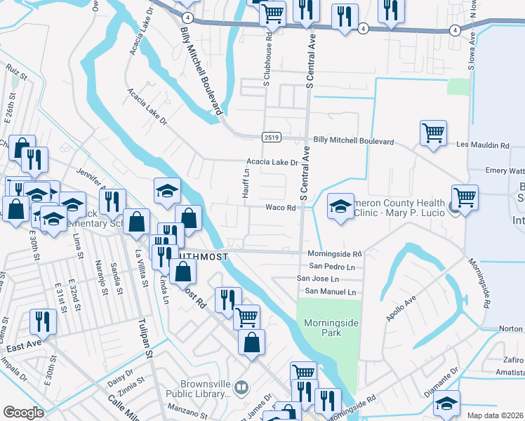 map of restaurants, bars, coffee shops, grocery stores, and more near 974 S Central Ave in Brownsville