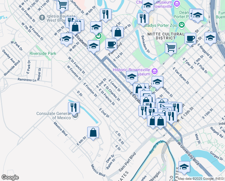 map of restaurants, bars, coffee shops, grocery stores, and more near 351 East Saint Francis Street in Brownsville