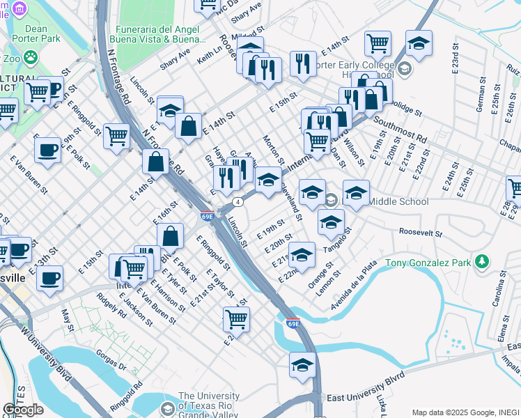 map of restaurants, bars, coffee shops, grocery stores, and more near 1811 International Boulevard in Brownsville