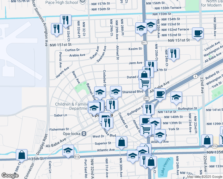 map of restaurants, bars, coffee shops, grocery stores, and more near 1130 Sharazad Boulevard in Opa-locka
