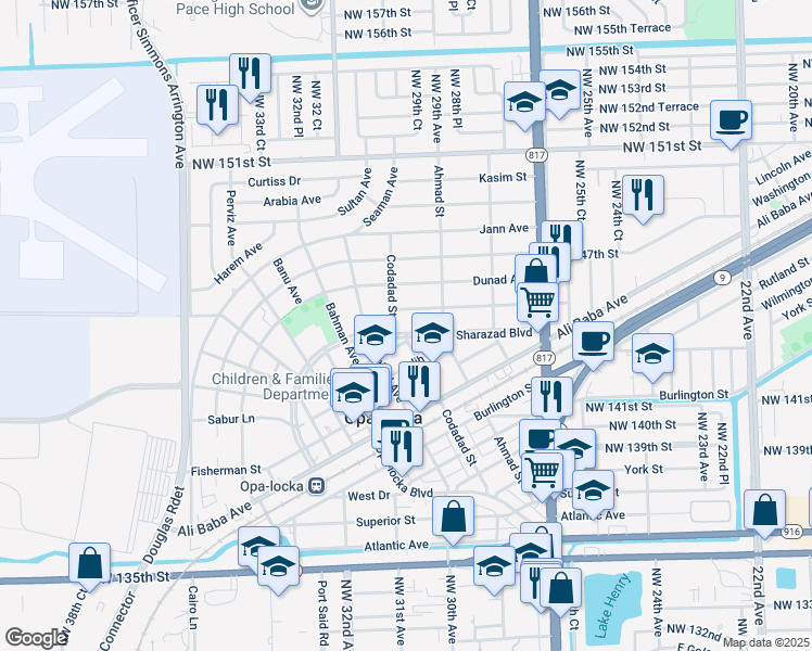map of restaurants, bars, coffee shops, grocery stores, and more near 1051 Caliph Street in Opa-locka
