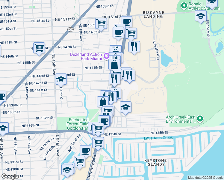map of restaurants, bars, coffee shops, grocery stores, and more near Biscayne Blvd & NE 140th St in North Miami Beach