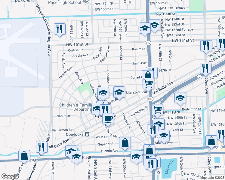 map of restaurants, bars, coffee shops, grocery stores, and more near 1115 Sharazad Boulevard in Opa-locka