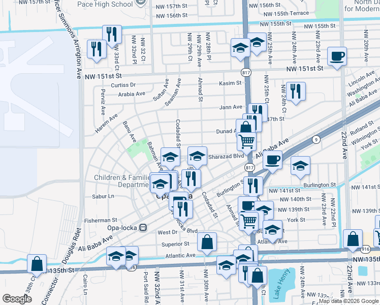 map of restaurants, bars, coffee shops, grocery stores, and more near 1130 Sharazad Boulevard in Opa-locka