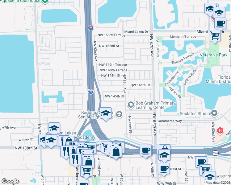 map of restaurants, bars, coffee shops, grocery stores, and more near 8974 Northwest 145th Street in Miami Lakes