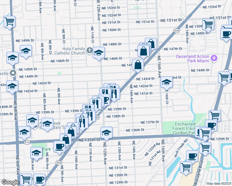 map of restaurants, bars, coffee shops, grocery stores, and more near in North Miami