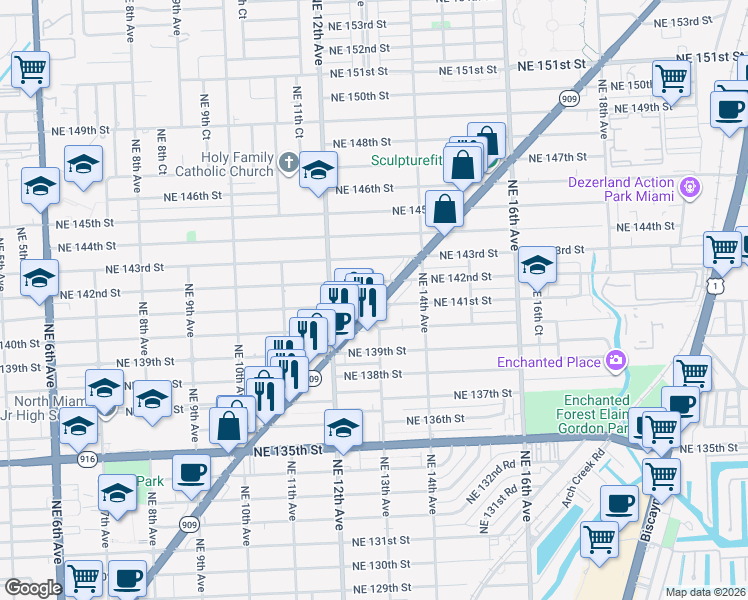 map of restaurants, bars, coffee shops, grocery stores, and more near in North Miami