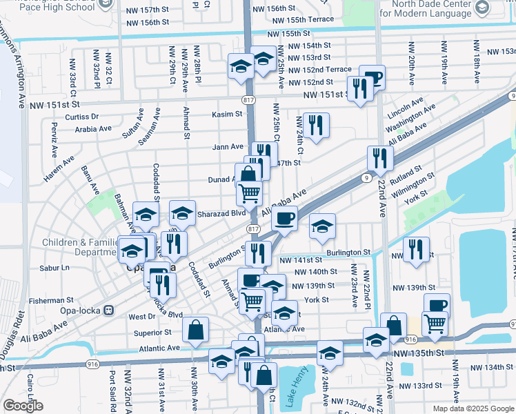 map of restaurants, bars, coffee shops, grocery stores, and more near 14380 Florida 817 in Opa-locka