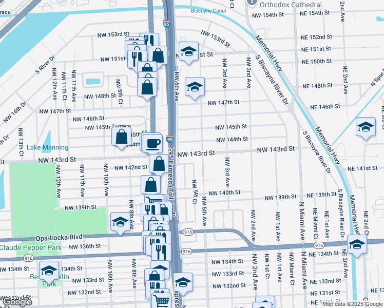map of restaurants, bars, coffee shops, grocery stores, and more near 14155 Northwest 5th Court in North Miami