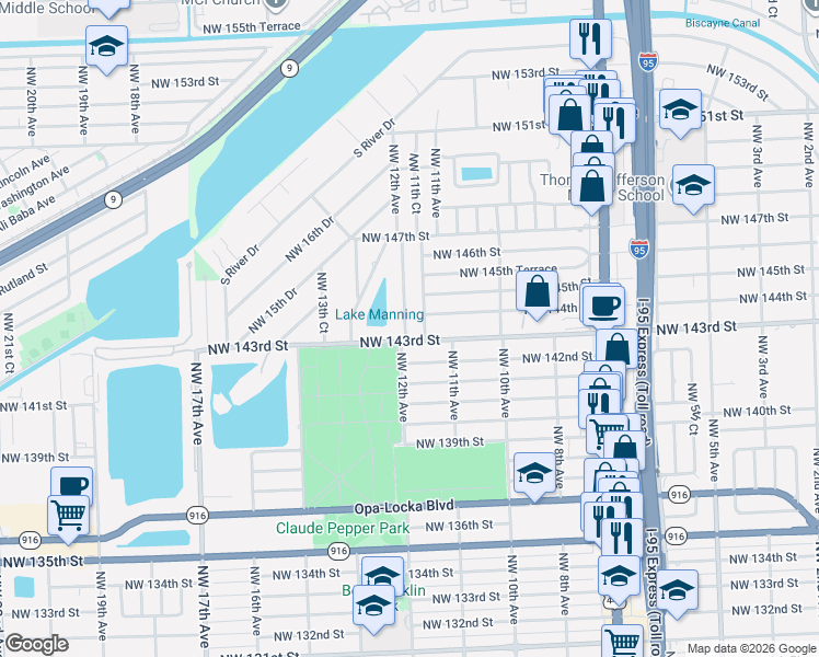 map of restaurants, bars, coffee shops, grocery stores, and more near 1231 Northwest 143rd Street in Miami
