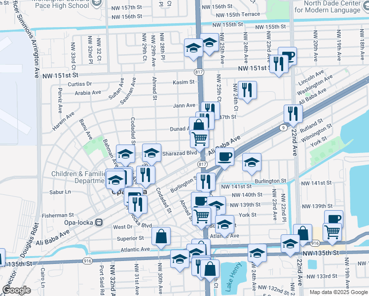 map of restaurants, bars, coffee shops, grocery stores, and more near 1310 Sharazad Boulevard in Opa-locka