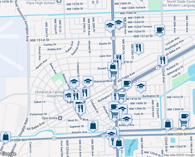 map of restaurants, bars, coffee shops, grocery stores, and more near 1220 Sharazad Boulevard in Opa-locka