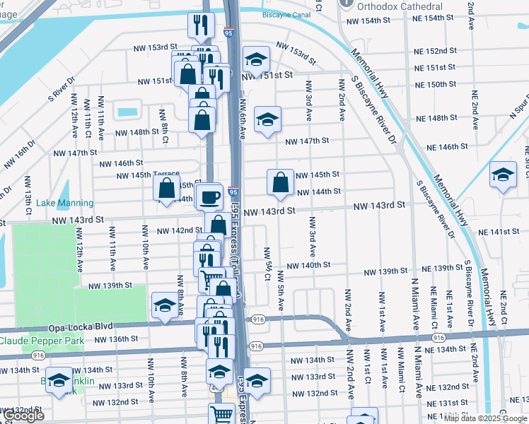 map of restaurants, bars, coffee shops, grocery stores, and more near 14155 Northwest 5th Court in North Miami