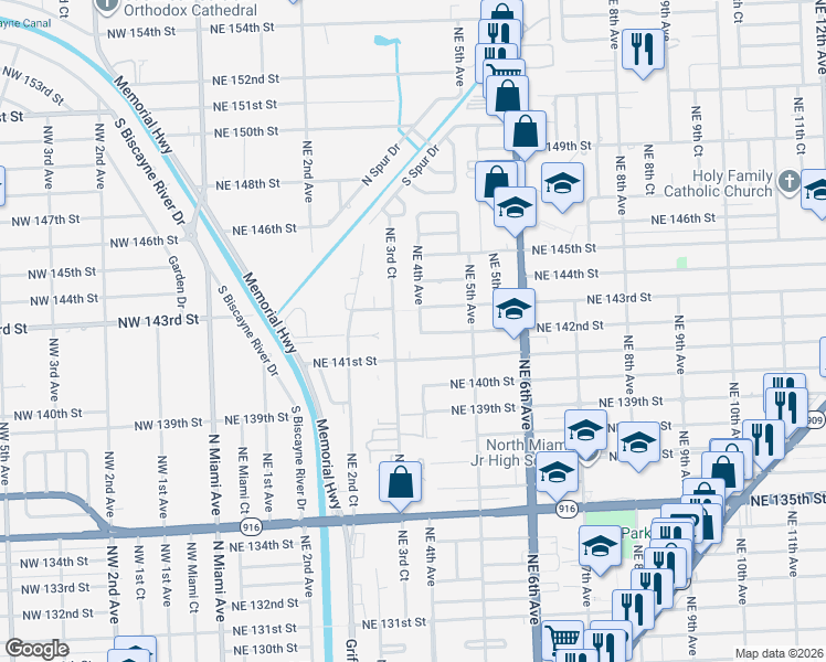 map of restaurants, bars, coffee shops, grocery stores, and more near 351 Northeast 141st Street in Miami