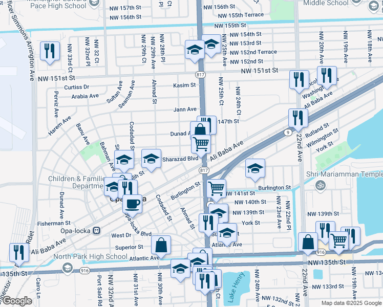 map of restaurants, bars, coffee shops, grocery stores, and more near 1310 Sharazad Boulevard in Opa-locka