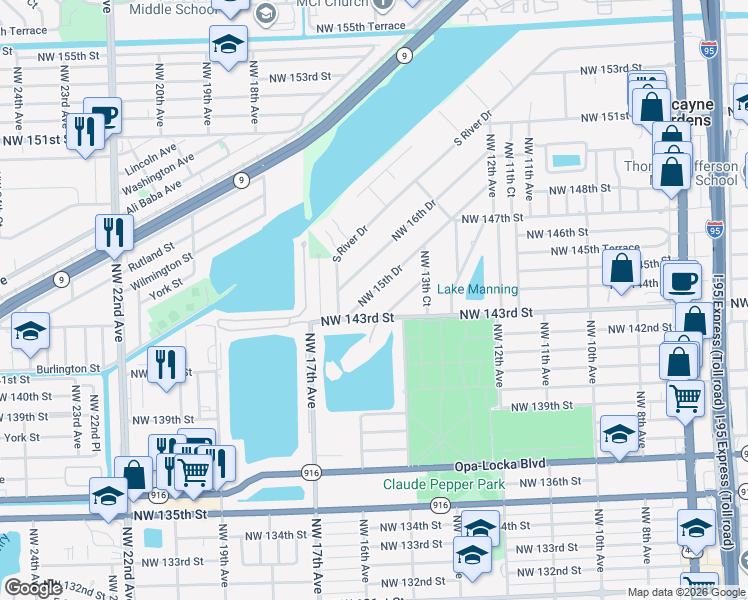 map of restaurants, bars, coffee shops, grocery stores, and more near 14420 Northwest 15th Drive in Miami