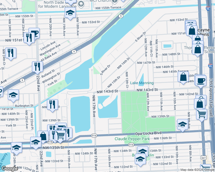 map of restaurants, bars, coffee shops, grocery stores, and more near 14435 Northwest 16th Drive in Miami