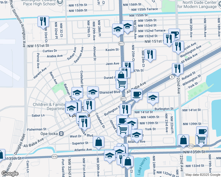 map of restaurants, bars, coffee shops, grocery stores, and more near 1321 Sesame Street in Opa-locka