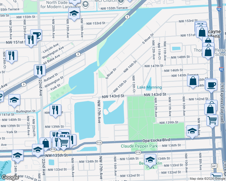 map of restaurants, bars, coffee shops, grocery stores, and more near 14435 Northwest 16th Drive in Miami