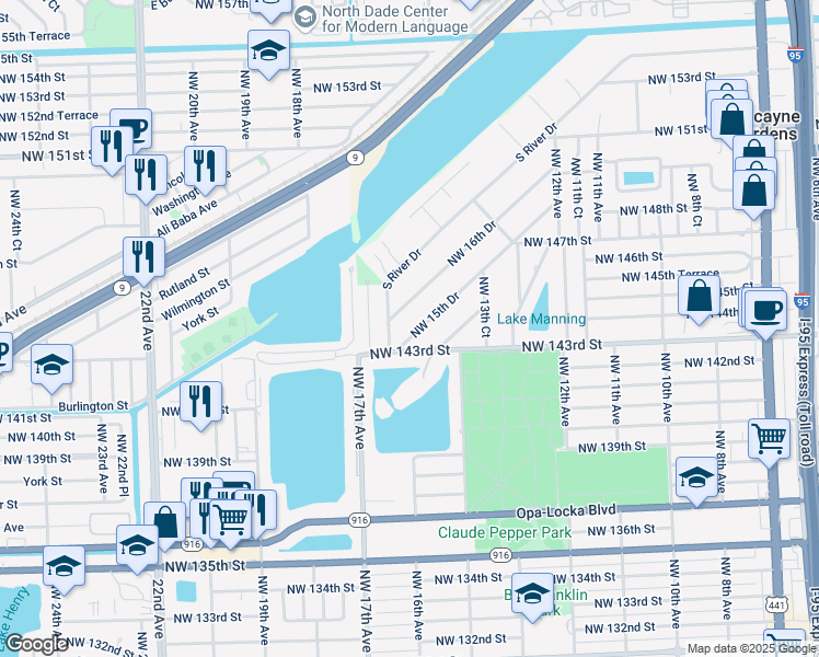 map of restaurants, bars, coffee shops, grocery stores, and more near 14435 Northwest 16th Drive in Miami