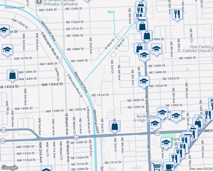 map of restaurants, bars, coffee shops, grocery stores, and more near 306 Northeast 143rd Street in Miami
