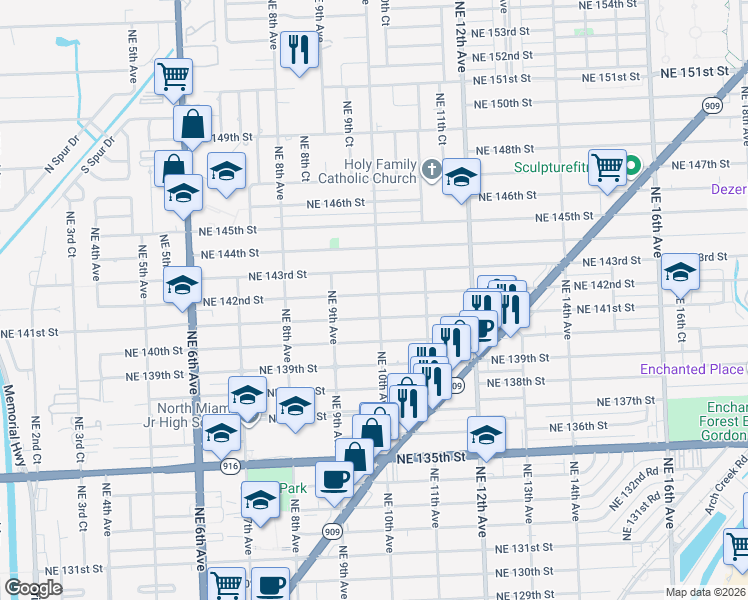 map of restaurants, bars, coffee shops, grocery stores, and more near 14210 Northeast 10th Avenue in North Miami