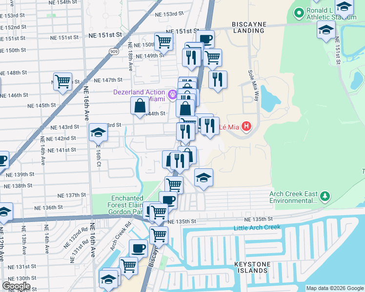 map of restaurants, bars, coffee shops, grocery stores, and more near 14190 Biscayne Boulevard in North Miami