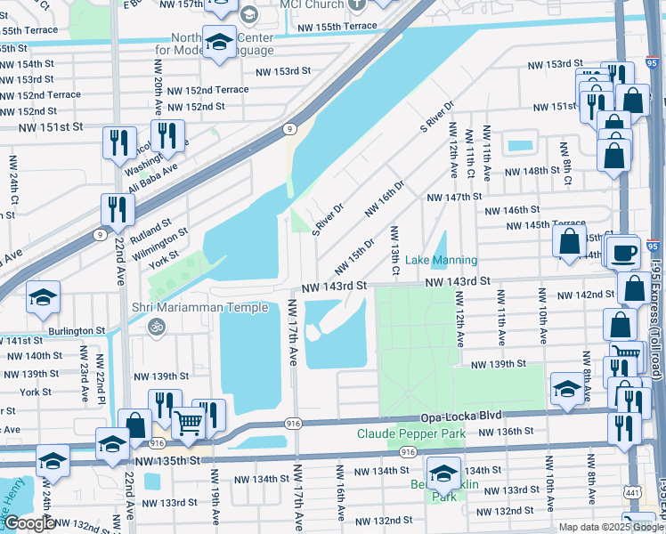map of restaurants, bars, coffee shops, grocery stores, and more near 14435 Northwest 16th Drive in Miami