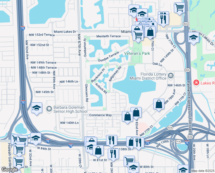 map of restaurants, bars, coffee shops, grocery stores, and more near 14616 Balgowan Road in Miami Lakes