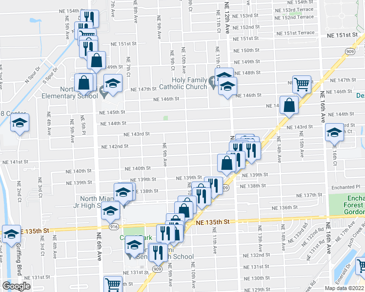 map of restaurants, bars, coffee shops, grocery stores, and more near 960 Northeast 142nd Street in North Miami