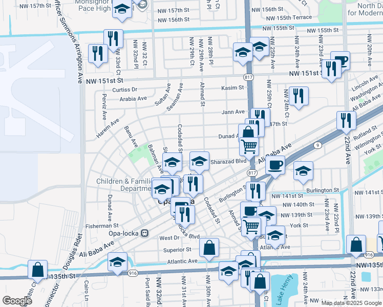 map of restaurants, bars, coffee shops, grocery stores, and more near 1145 Sesame Street in Opa-locka