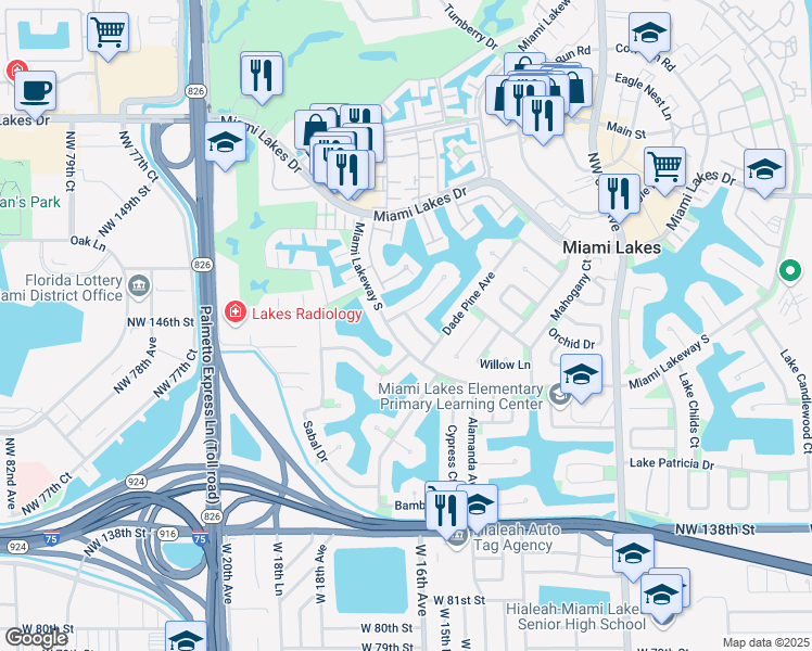 map of restaurants, bars, coffee shops, grocery stores, and more near 14402 Rosewood Road in Miami Lakes