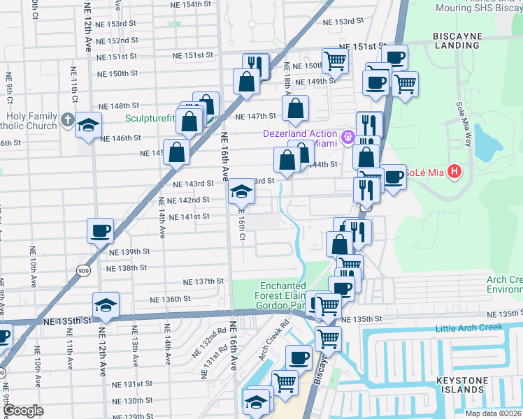 map of restaurants, bars, coffee shops, grocery stores, and more near 1774 Northeast 142nd Street in North Miami